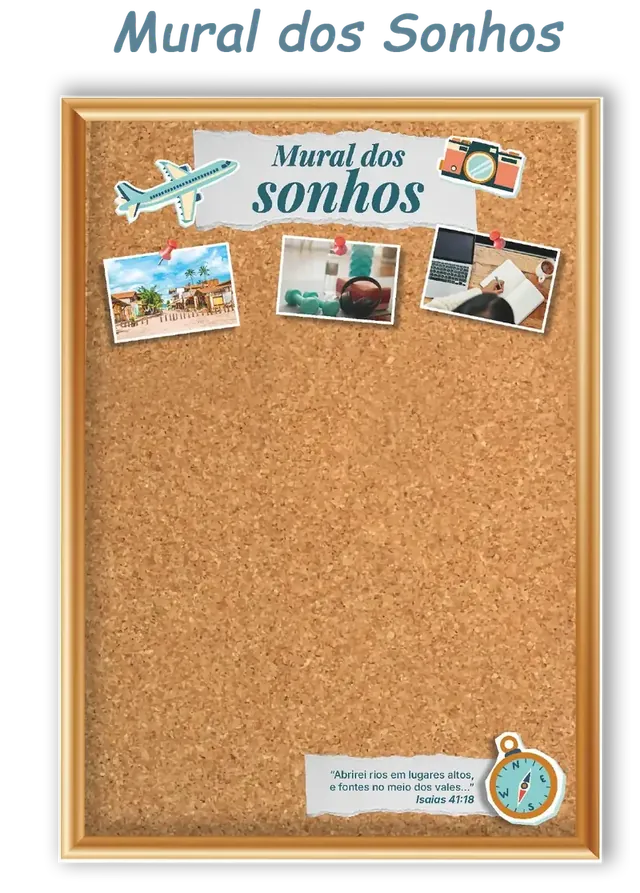 Página do livro O Sonho Não Acabou com o Mural dos Sonhos, um quadro de cortiça para o leitor colar fotos e sonhos
